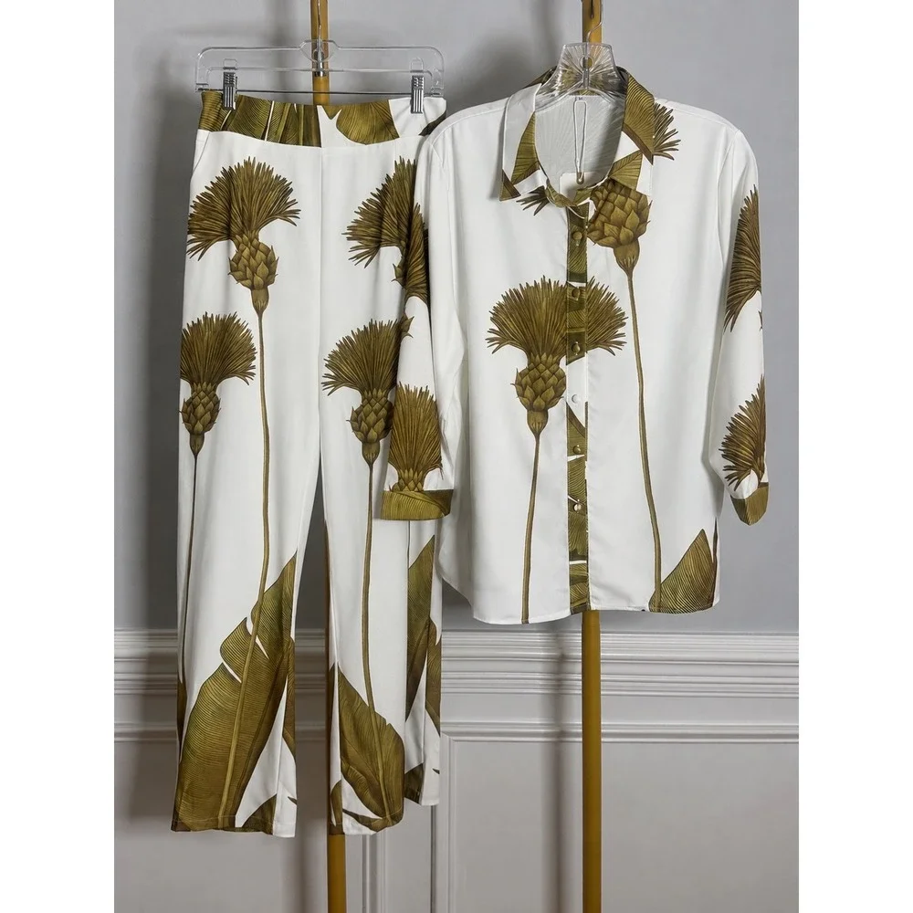 2-Piece Pant Set Women Size M White Green Botanical Thistle Tropical Loungewear